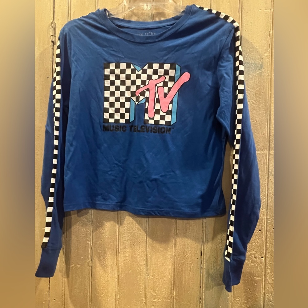 Love Tribe MTV Graphic Tee Girls Small Blue Excellent Long Sleeve‎ Checkerboard